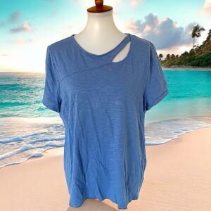 Chicos 3 Large Blue Top Tee Shirt Cut Out Hollow Out Short Sleeve Modal Cotton